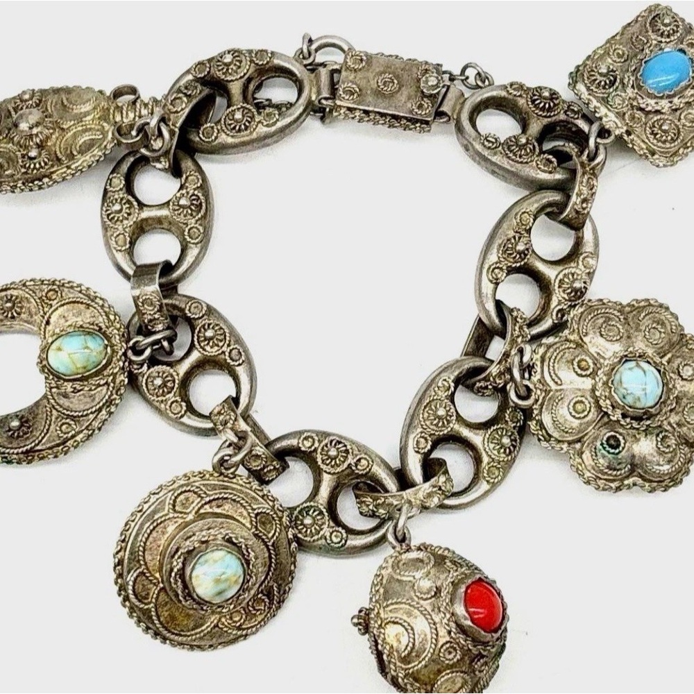 Vintage Silver Etruscan Revival Ornate Glass Fob Charm Bracelet 6.75" Lot 711